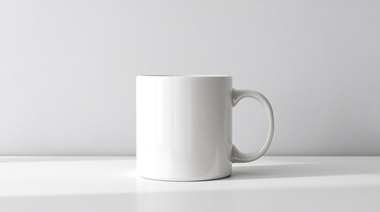 Obraz premium Elegant white mug on a white table surface in a clean and minimalist mockup design presentation