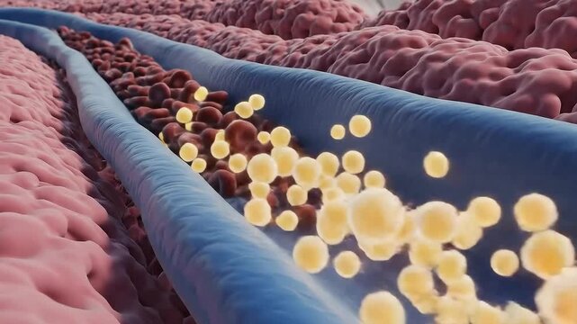 Close Up Microscopic View Of Cholesterol Plaque Building Up Inside A Human Artery With Flowing Blood Cells