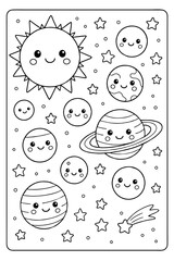 An exciting cosmic adventure awaits little artists in this super cute solar system coloring book for children