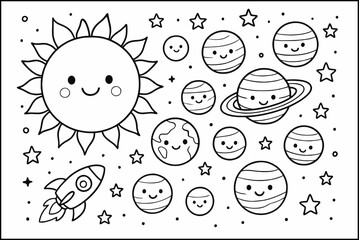 A Whimsical Space Adventure for Young Children to Color Featuring Cute Planets a Smiling Sun and a Rocket