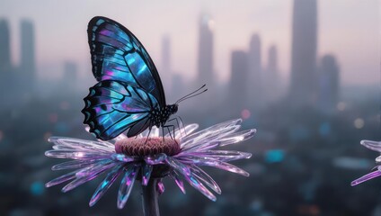 Stunning Blue Butterfly Perched on a Dew-Kissed Flower with Cityscape Background.