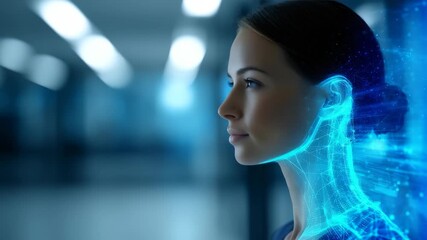 A confident woman gazes forward as blue digital patterns overlay her body, symbolizing the integration of technology and humanity. The background features a sleek, blurred office or laboratory setting - Powered by Adobe