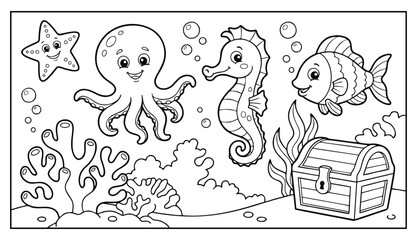 An adorable underwater adventure coloring book for children featuring cute sea creatures like an octopus fish and seahorse
