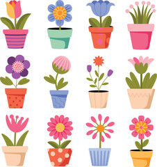 Assortment of Cute Potted Flowers in Various Colorful Pots potted plants garden