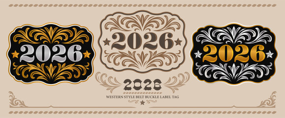 Ornate American classic old west style medal typographic emblem, label design vector color variants editable tag decorative floral frame twenty twenty six Luxurious Shape