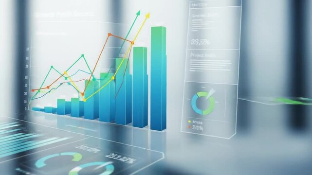Business charts show growth and profit success. Upward bar charts visualize financial data, market trends, and growth forecasts. 4k video