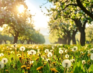 Obraz premium Sunrise illuminates an orchard with dandelions and blooming trees