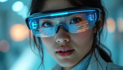 Asian woman wears futuristic augmented reality glasses displaying glowing blue digital data on lenses. Female looks forward, exploring virtual world. Closeup portrait of tech user in lab. Future