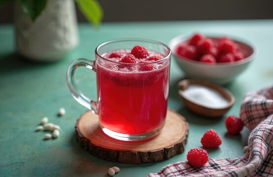 Clear glass mug holds vibrant red raspberry kissel drink topped with fresh berries. A bowl of raspberries and sugar sits nearby on a green rustic table. This is a traditional Russian beverage.