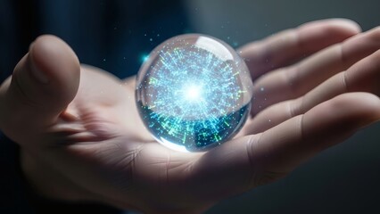 Hand holding a glowing crystal orb.