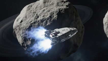 Spaceship Navigating Through Asteroid Field with Thrusters Firing.