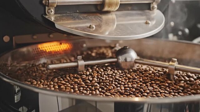 Close Up Of Coffee Beans Roasting In A Commercial Coffee Roaster Machine With Warm Orange Glow From Heating Elements