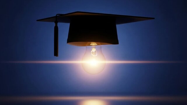 A glowing light bulb hangs from a dark graduation cap against a deep blue background