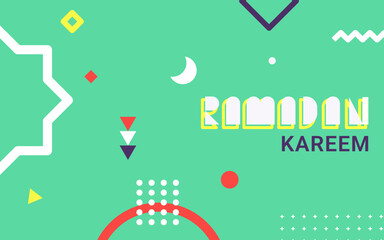 Ramadan kareem design in memphis style . Ramadan design with colourful random geomeric shapes.