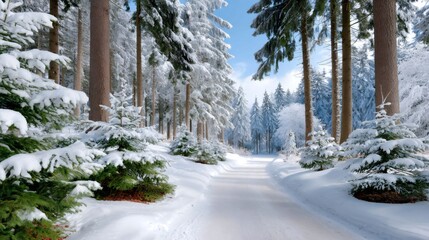 Forest path winding through a snowy winter landscape
