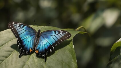 Stunning Blue Morpho Butterfly Resting on a Lush Green Leaf in Natural Sunlight.