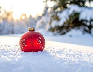 Close-up of a red, decorative sphere with snowflake design in snow