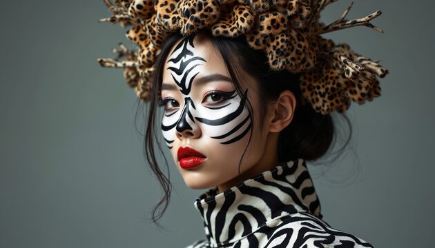 Asian woman models striking zebra face paint and bold red lips. She wears leopard print headpiece with branches and zebra pattern clothes. Creative fashion style.