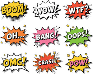 Comic Book Speech Bubbles With Sound Effects And Stars boom