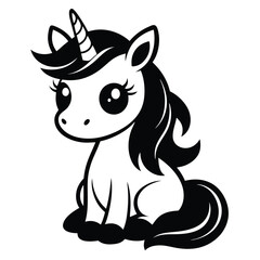 cute sitting unicorn pose line art silhouette vector illustration