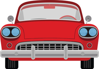 Front view of a vintage red classic car with blue headlights automobile retro