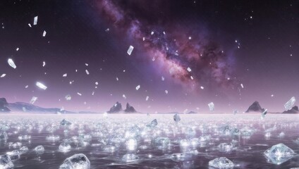 Sparkling Diamonds Falling in a Cosmic Landscape Under a Nebula Sky.