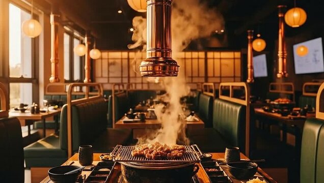 Korean barbecue restaurant interior with smoke rising from grill.