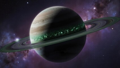 Stunning View of a Ringed Planet in Deep Space with Nebulae.