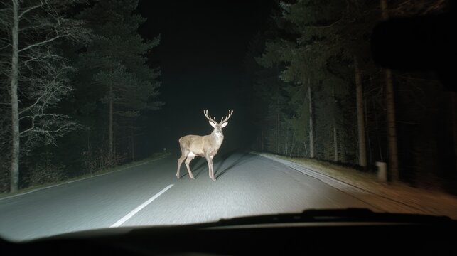 A graceful deer pauses on an empty road surrounded by dark trees under the night sky.