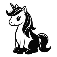 cute sitting unicorn pose line art silhouette vector illustration