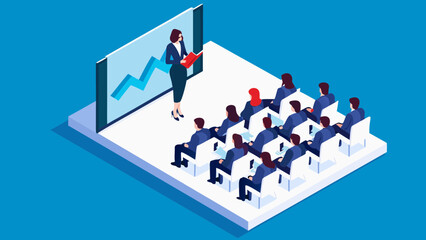 Isometric presentation scene depicting a speaker, screen with graph, and audience in a conference setting