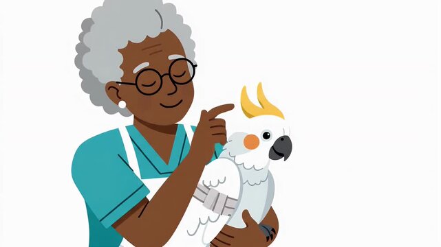 Animated senior woman affectionately petting a white cockatoo bird on a white background