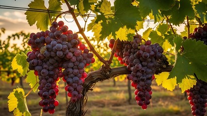 Beautiful ripe red grapes hanging from a vine in a sun-drenched vineyard at sunset