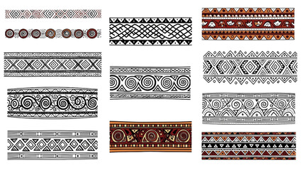 Collection of diverse ethnic and tribal border patterns, hand-drawn geometric ornaments for decorative designs