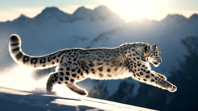 Snow Leopard Running Through Snowy Mountain Landscape (1)