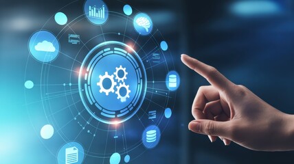 Digital Automation Interface: A hand interacts with a holographic interface, embodying the innovative concepts of automation, integration, and cutting-edge technology.  