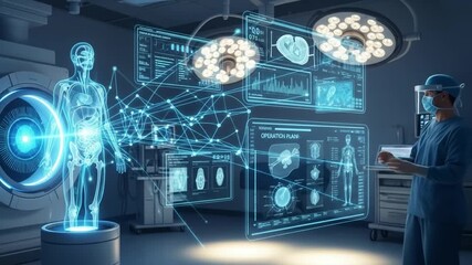 Body hologram with futuristic medical technology digital healthcare technology system network connection hologram display interface. 4k video - Powered by Adobe