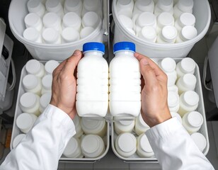 Close-up of a person holding two white bottles