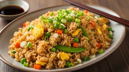 Delicious plate of mixed vegetable fried rice with chopsticks