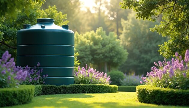 Large water storage tank stands in a manicured garden. Rich green grass surrounds blooming purple flowers and neatly trimmed bushes under warm sunlight. Peaceful nature backyard.