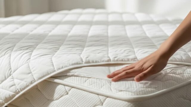 Hand lifting quilted mattress topper from textured mattress, revealing soft comfort