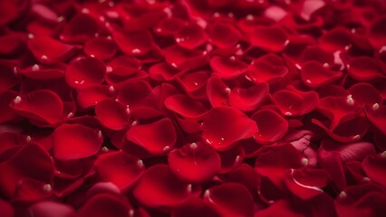 Fototapeta premium ​A dense, luxurious blanket of deep red rose petals filling the frame, creating a soft, romantic, and velvety texture, ideal for backgrounds or Valentine's Day themes.
