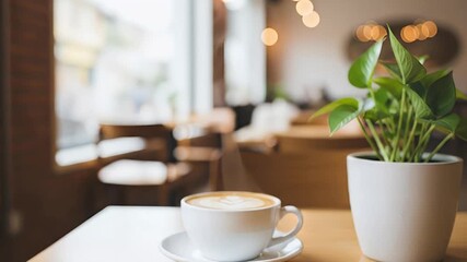 A serene and inviting close-up showcases a steaming cup of latte, artfully topped with delicate foam design, resting on a polished wooden table. The pristine white ceramic cup and saucer contrast beau