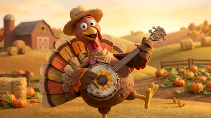Cute Thanksgiving Turkey Music Performance Illustration