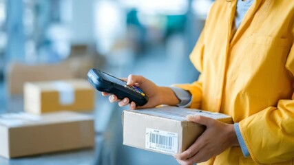 A logistics employee scans a shipping label on a cardboard box, ensuring accurate tracking and delivery. The image highlights advanced warehouse technology and streamlined supply chain operations - Powered by Adobe