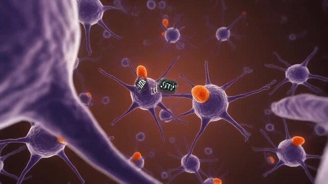 educational 3D visualization showing serotonin and dopamine triggering cellular responses after receptor binding on neuron surfaces

