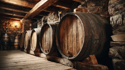 Wooden barrels are neatly arranged in a cozy cellar exuding warmth and history.