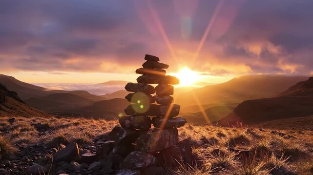 A captivating sunset illuminates a stone cairn atop a mountain, surrounded by rolling hills and dramatic clouds, creating a serene atmosphere in nature