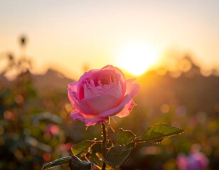 Close-up of a pink rose against a radiant, golden sunset backdrop