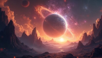 Alien planet landscape with ringed gas giant in sky. Rocky terrain under orange clouds with distant sun illuminating nebula and cosmic dust. Distant moon or planet orbits nearby.